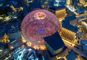 DUBAI, 18 MAY 2021. Evening aerial view of Al Wasl, Expo 2020 Dubai. (Photo by Dany Eid/Expo 2020 Dubai)